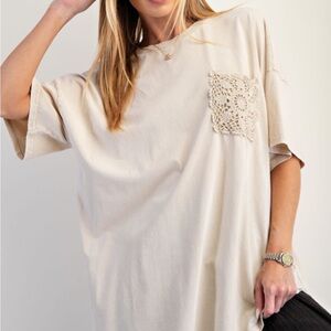 Easel Cream Crochet Pocket Short Sleeve Top